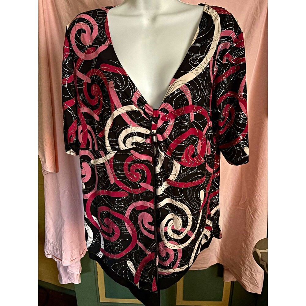 Tiffany 1X Black Pink Swirl Abstract Sparkle V Neck Tunic Top Made in USA